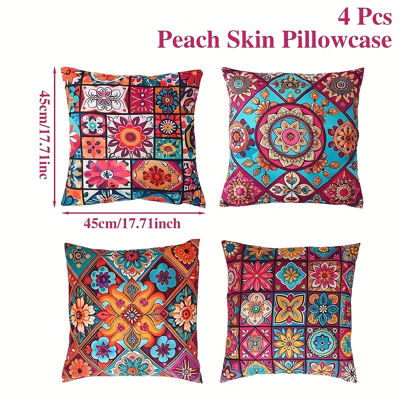 E-shop 4er-Set, Kissenbezüge im böhmischen Stil mit Pfirsichhaut, 45 x , Lebendige Mandala-Karokissenbezüge, Mandala Farbenfrohes Patchwork-Design