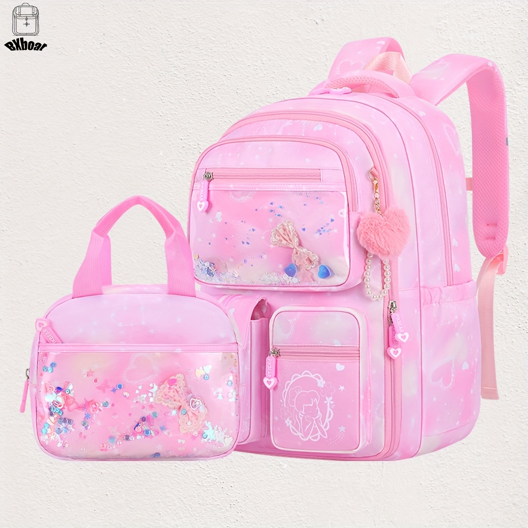 TEMU 2pcs Bxboat Large Capacity Girls' Backpack With Lunch Box Pocket & 15.6" Laptop Compartment - Cute Bowknot Design, Multiple Pockets, Durable