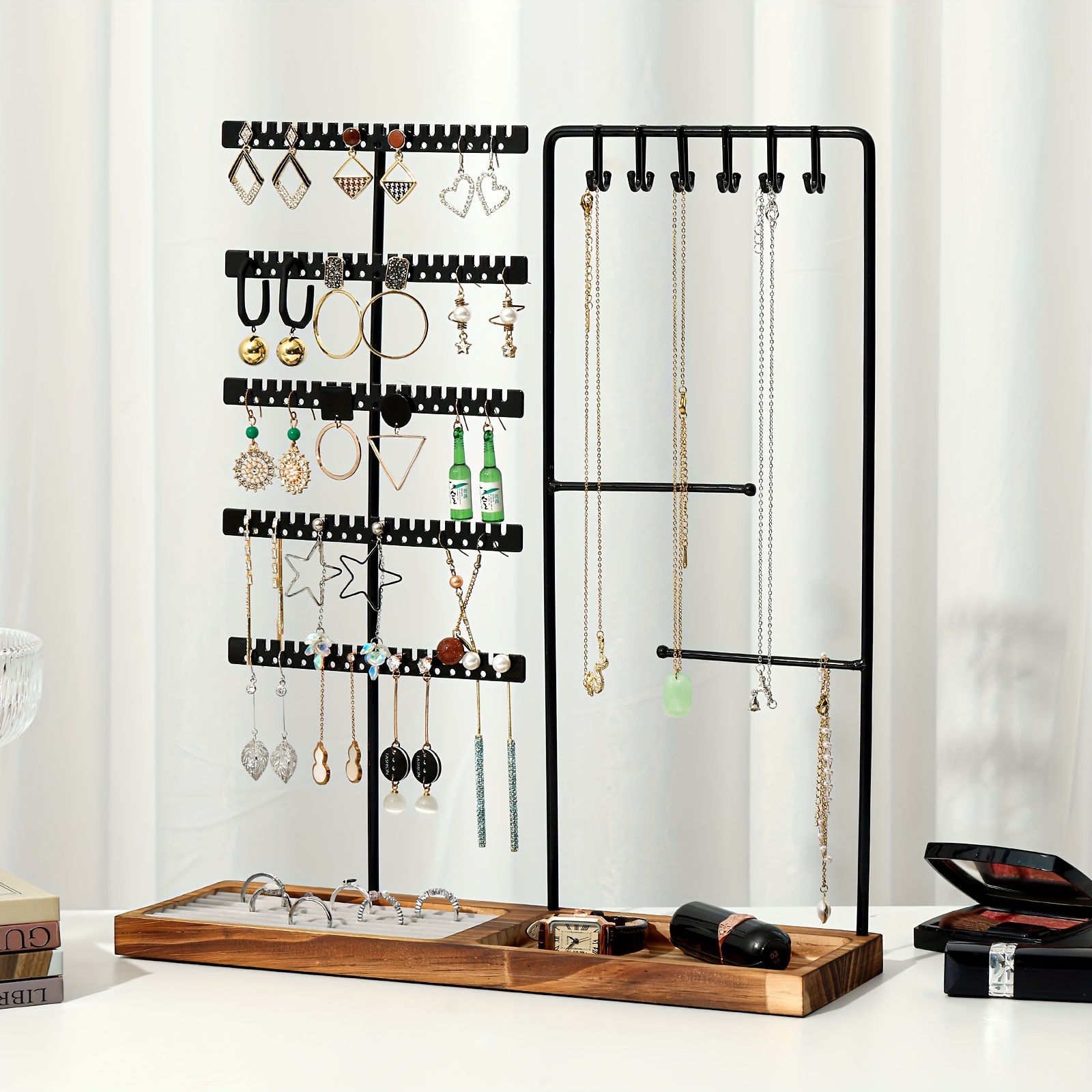 iron jewelry organizer display stand with wooden base 1pc deluxe hanging jewelry storage rack for earrings necklaces accessories ideal gift for jewelry enthusiasts christmas and new year jewelry making display packaging supplies