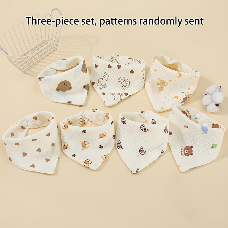 Image of 3pcs And 5pcs Unisex Baby Bibs, Soft And Absorbent Gauze Drool Bibs For Toddlers, Adjustable Snap Closure With Bear, Tiger, And Rabbit Cartoon Designs