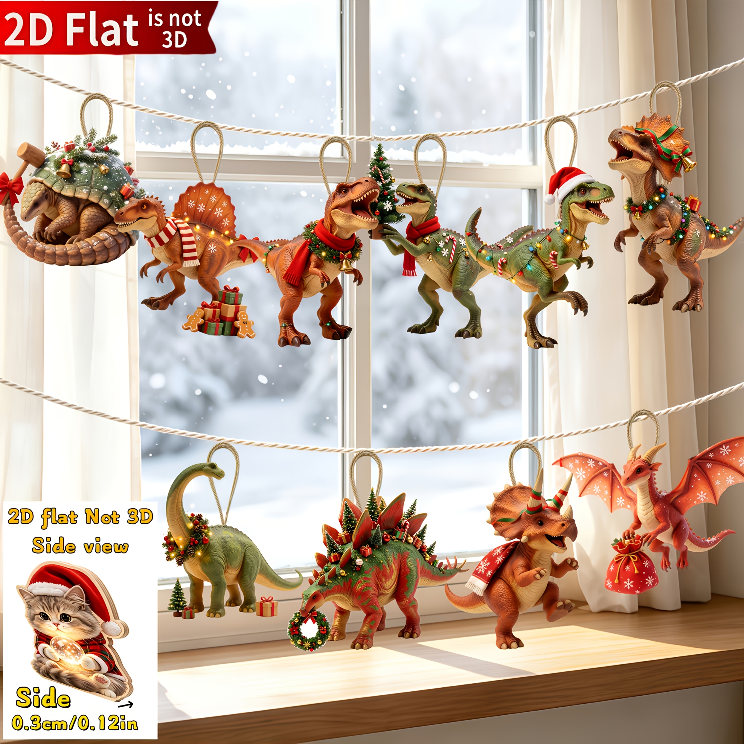 TEMU 2D Plat, 10pcs Ornements Décoratifs Mignons de Noël Motif Dinosaure, Ornements Décoratifs à Suspendre en Bois Plat Cadeau de Noël, Décoration