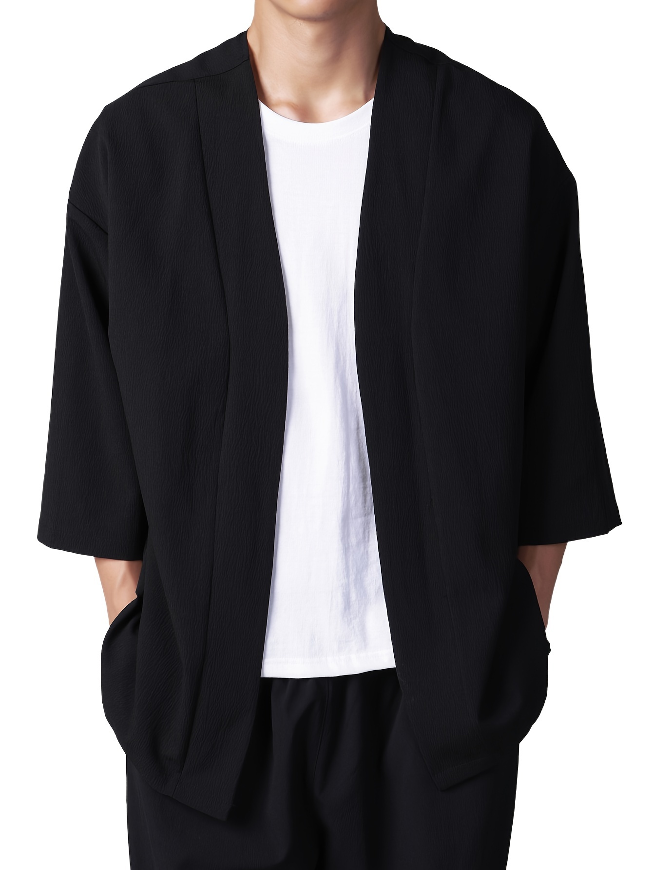 Chemise Kimono ample a manches trois quarts de couleur unie pour homme haut tendance printemps et automne pour la rue et les tenues decontractees