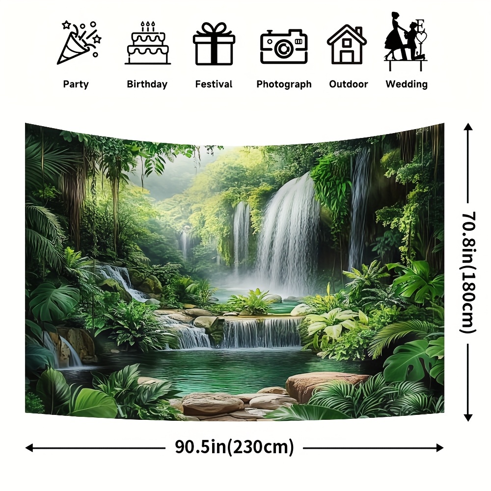 TEMU 1pc Jungle Waterfall Backdrop - Reusable Polyester Fabric, Vibrant Rainforest Scene With Misty Atmosphere, Easy To Hang, No Power Required -