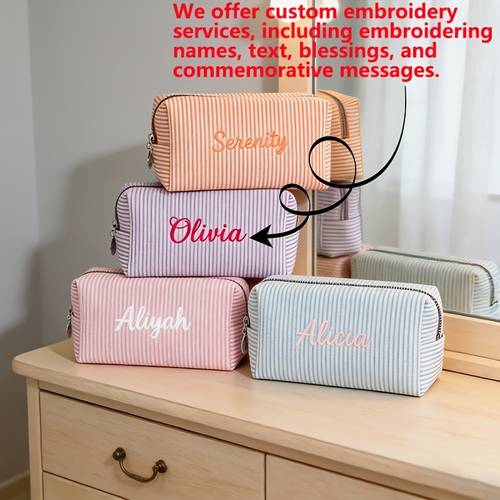 customizable name text striped toiletry bag makeup bag striped perfect for storing your cosmetics and toiletries while traveling at home or at school custom showcases your unique personality