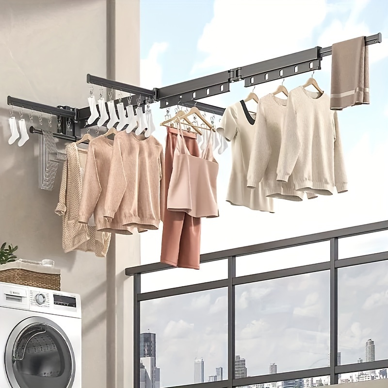 

Space-saving Wall-mounted Clothes Drying Rack - Foldable, 3-section Design With Extendable Rods, Includes Self-adhesive Mounting Kit & 20 Clothespins