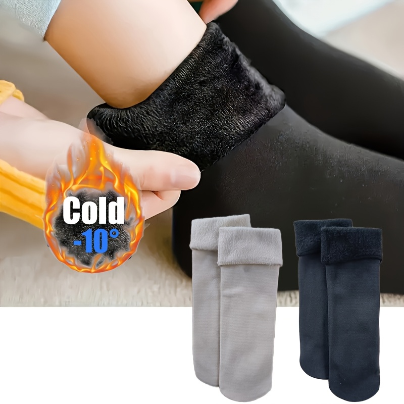 

Cozy Fleece-lined Winter Socks For - Solid Color, Mid-calf Length With Cuff Design, Machine Washable