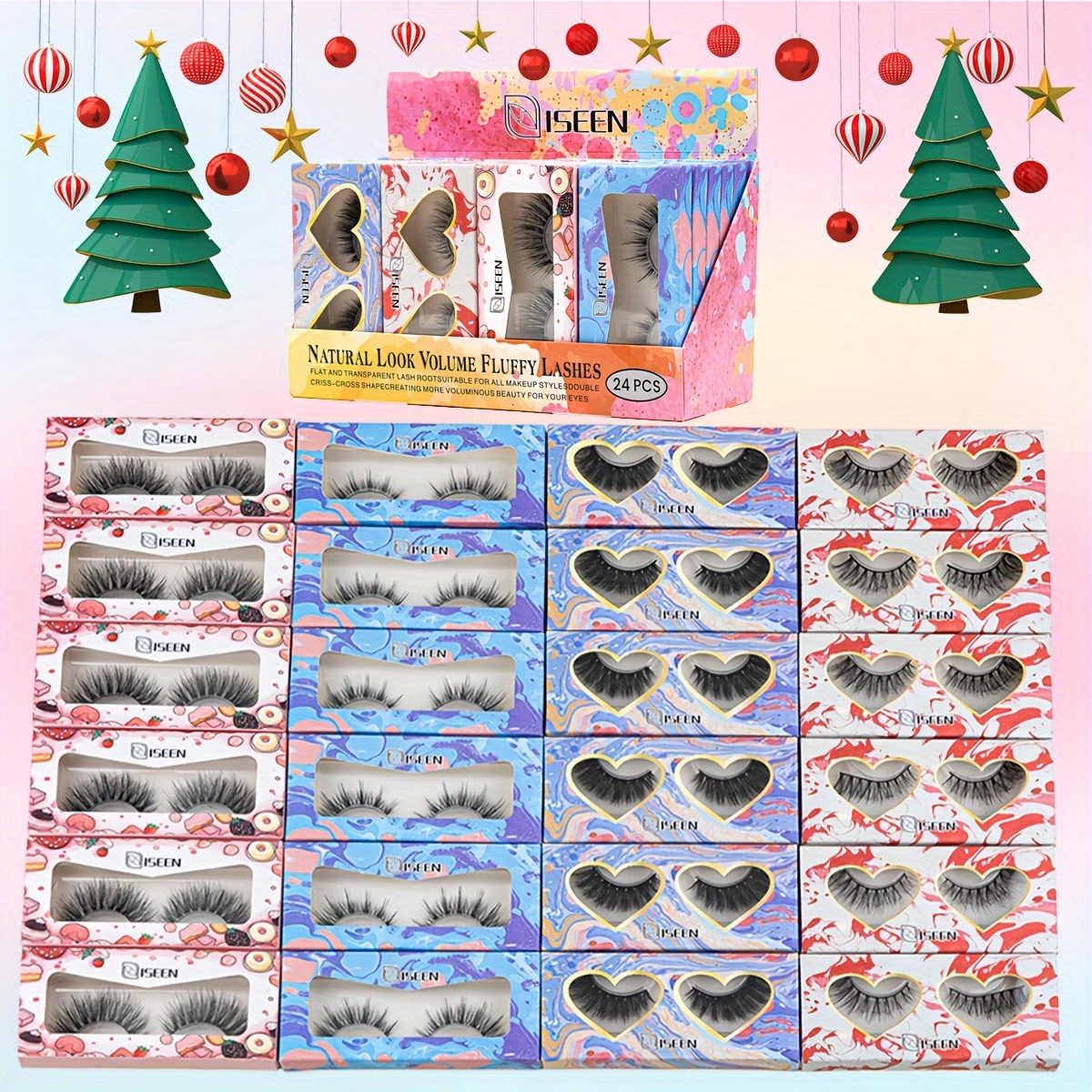 

24 Paires de Faux Cils, Boîte Cadeau Colorée Pack C/D Curling Cat Eye Naturel Look Lashes Fluffy, Styles Mixtes, Facile à Appliquer, Fait à , pour des Mères, Noël, Fête, ou