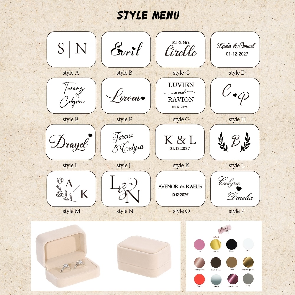 TEMU Personalized Double Ring Holder Box With Custom Text - Luxury Velvet Jewelry Organizer For Couple Rings, Proposal & Birthday Gift