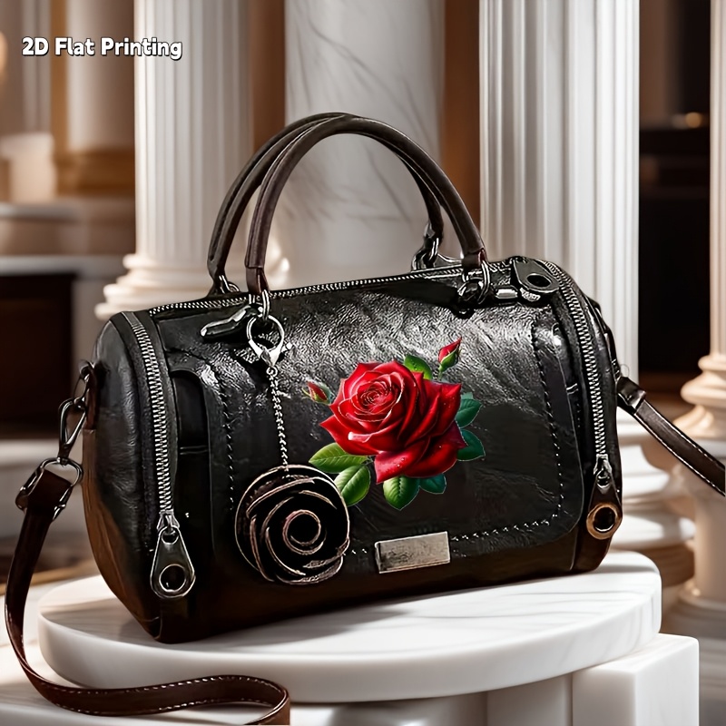 TEMU 1pc Handbag Women's Elegant Portable Top Handle Crossbody Bag, Vintage Style Decorative Bag With Vibrant Printed Red Rose Pattern, Multi Purpose
