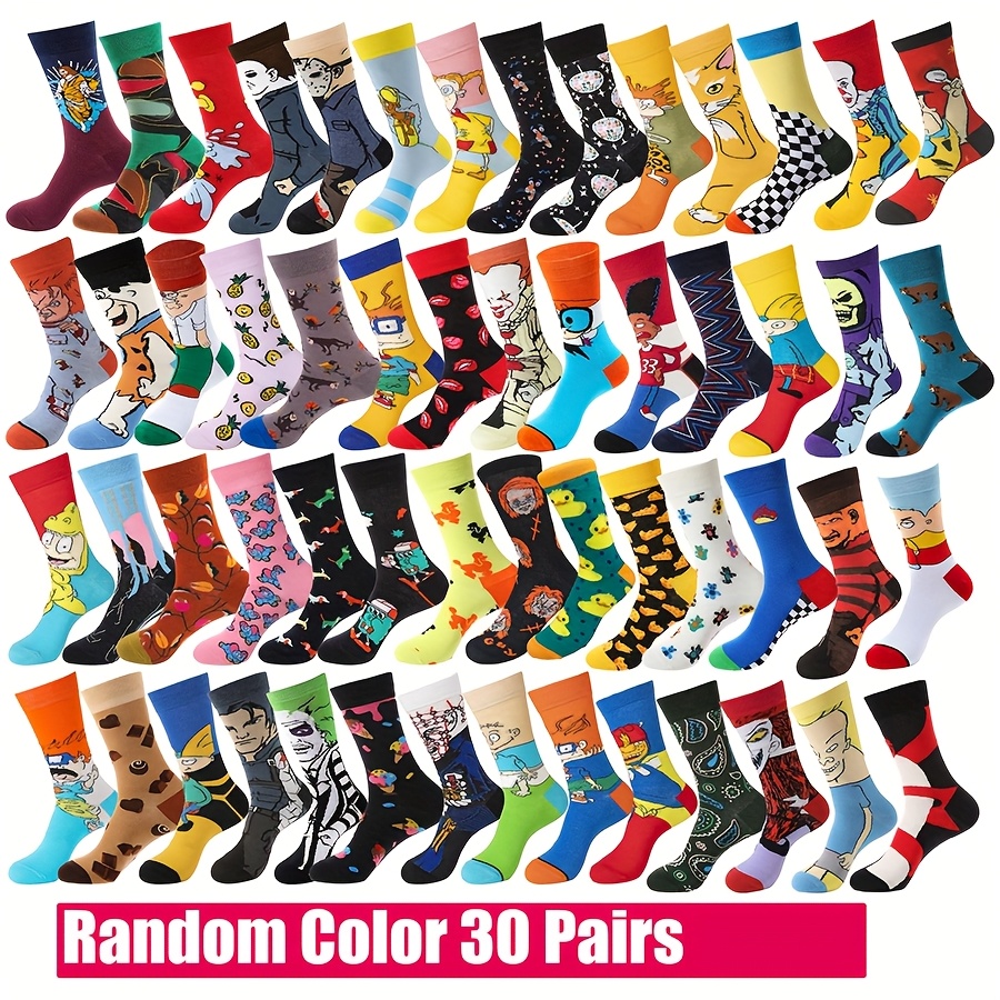 30 Pairs Men’S & Women’S Anime Cartoon Socks – Christmas Halloween Themed Hip Hop Street Fashion Crew Socks with 30 Unique Novelty Designs, Breathable Elastic Fabric, Funny Casual & Party Wear, Machine Washable for Daily Use (Unisex Sizes Available)