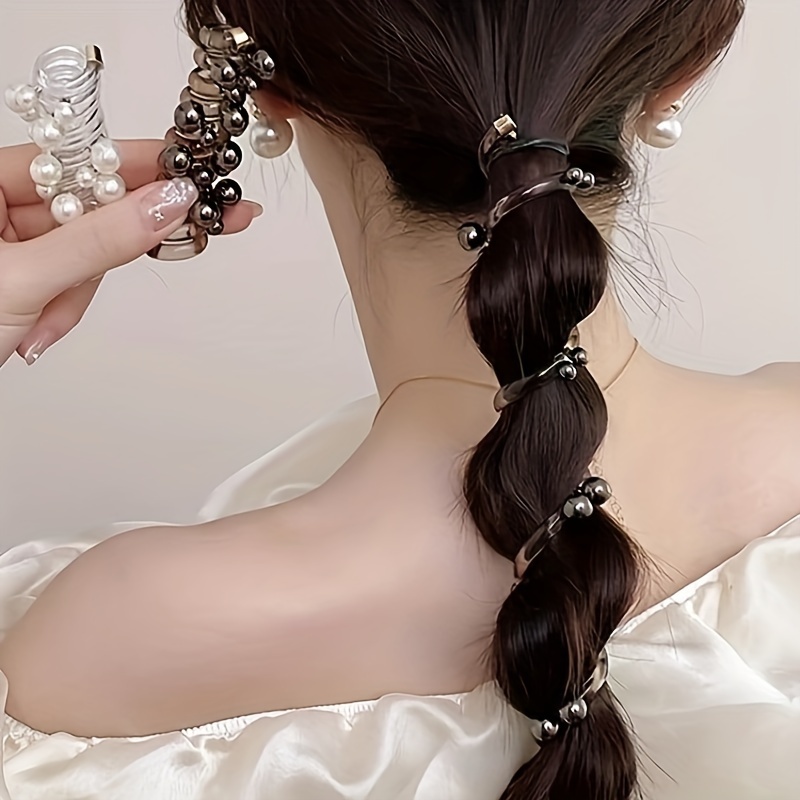 

3pcs Elegant Faux Pearl Telephone Line Shaped Hair Ties Trendy Spiral Hair Loops For Women Wear