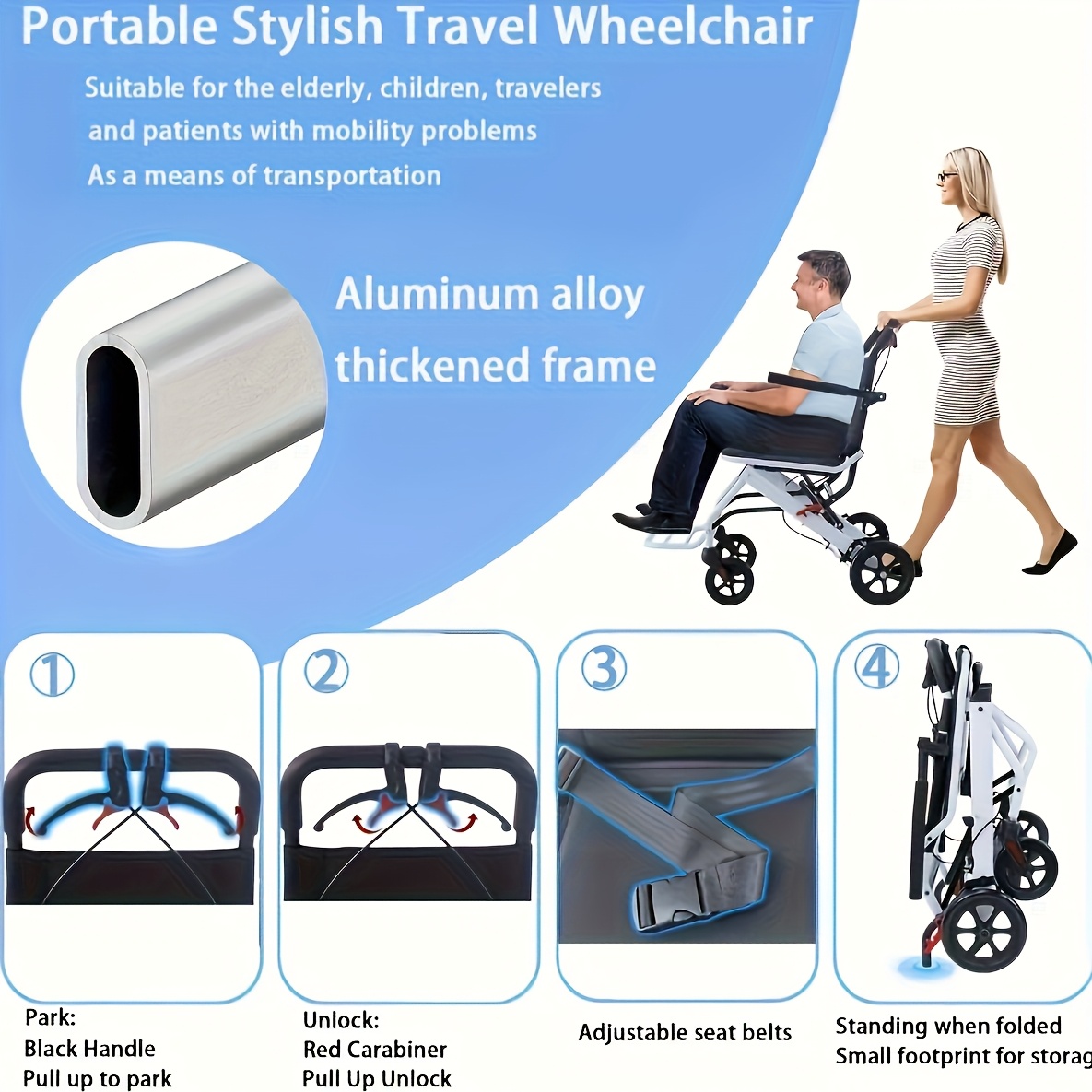 Lightweight And Foldable Transport Wheelchair, Weighing Only 8.62 KG, Portable Adult/infant Stroller, Suitable for Elderly Individuals, Seniors, And People with Physical Disabilities for Travel, Can Fit In The Trunk Of A Car.