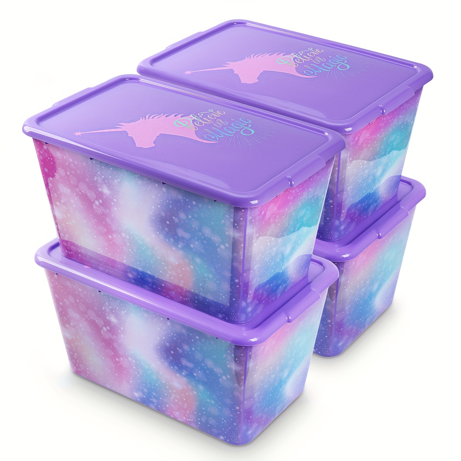 

4pcs Unicorn Print -gallon Stackable Plastic Storage With Lids – Waterproof, Organizer Bins For Closet, Living Room & Kids’ Rooms, Vibrant Pink, Purple &