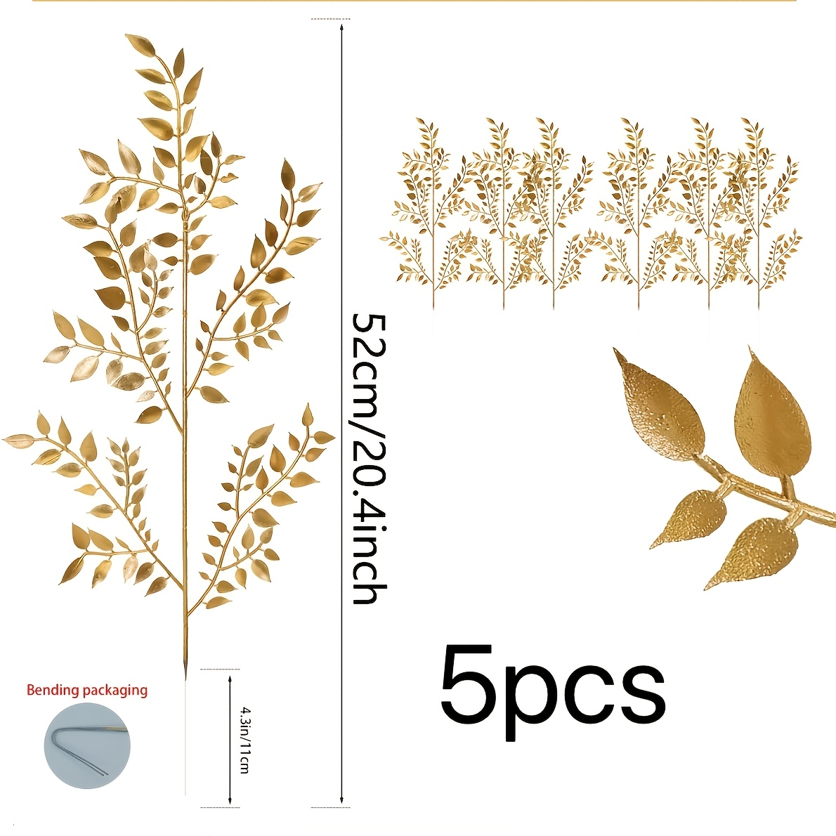 TEMU 5pcs Artificial Christmas Decorations, Golden Ornaments, Faux Leaves, Flower Stems, Artificial Branches, Vase Arrangements, Wedding Bouquets,