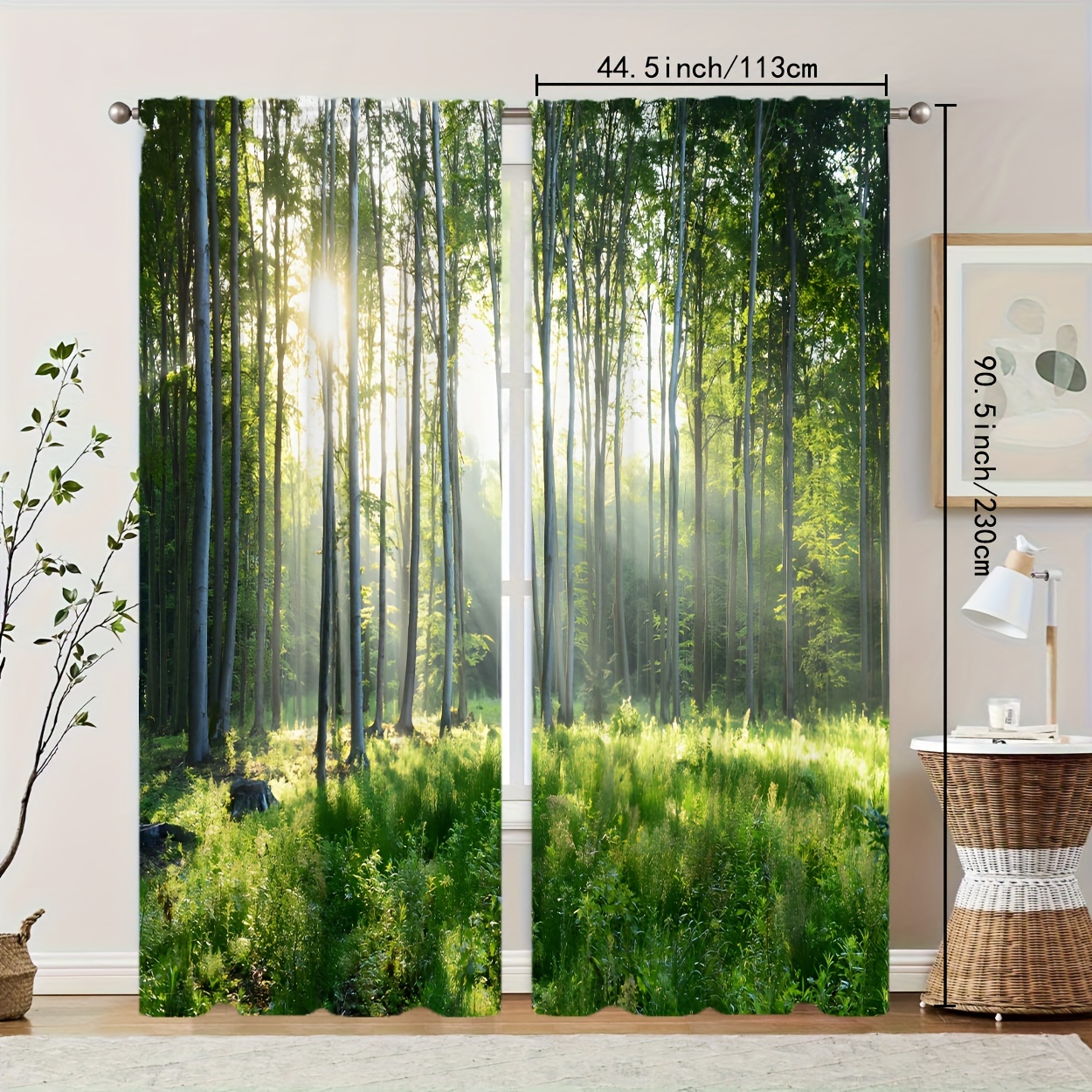 Image of 2pcs, Forest Sunlight Print Curtains, Polyester Light Filtering Rod Pocket, Suitable For Living Room Bedroom Study And Home Decoration Party Supplies
