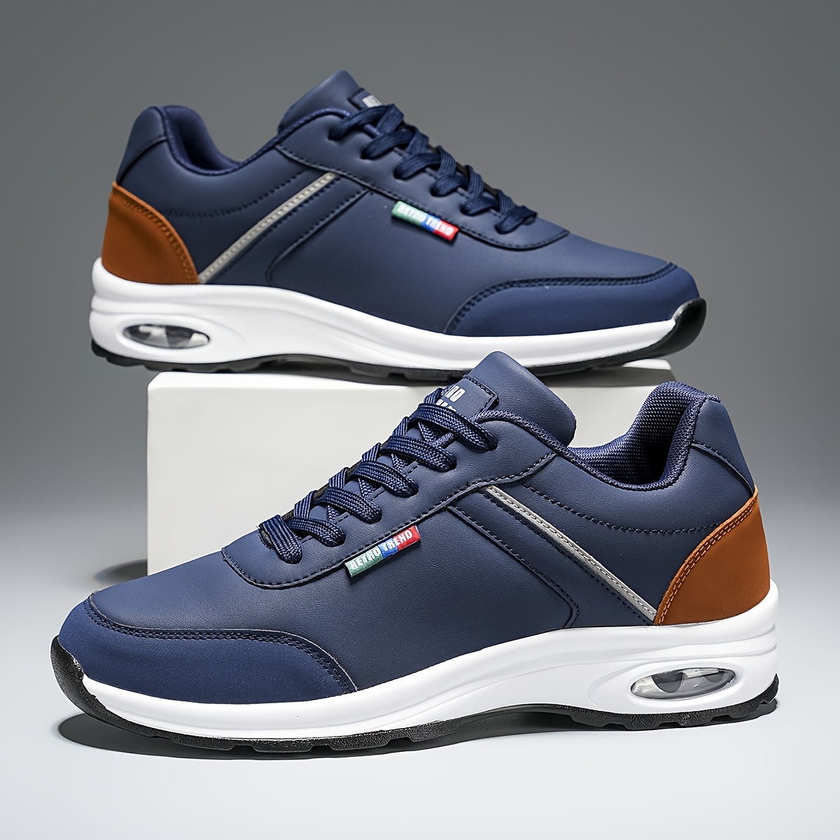 TEMU Herren Klassische Laufschuhe - Bequem, Atmungsaktiv, Ganzjahres Freizeit- & Geschäftsschuhe mit Luftkissenstütze, Oranges & Blaues Design,