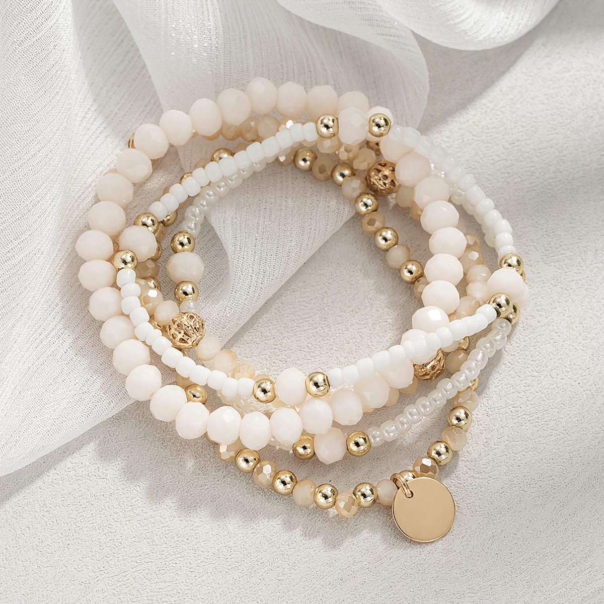 TEMU Un ensemble de 5 pendentifs ronds élégants bohème. Ces bracelets élastiques perlés sont des ajouts parfaits . Idéaux pour , les fêtes ou , ils