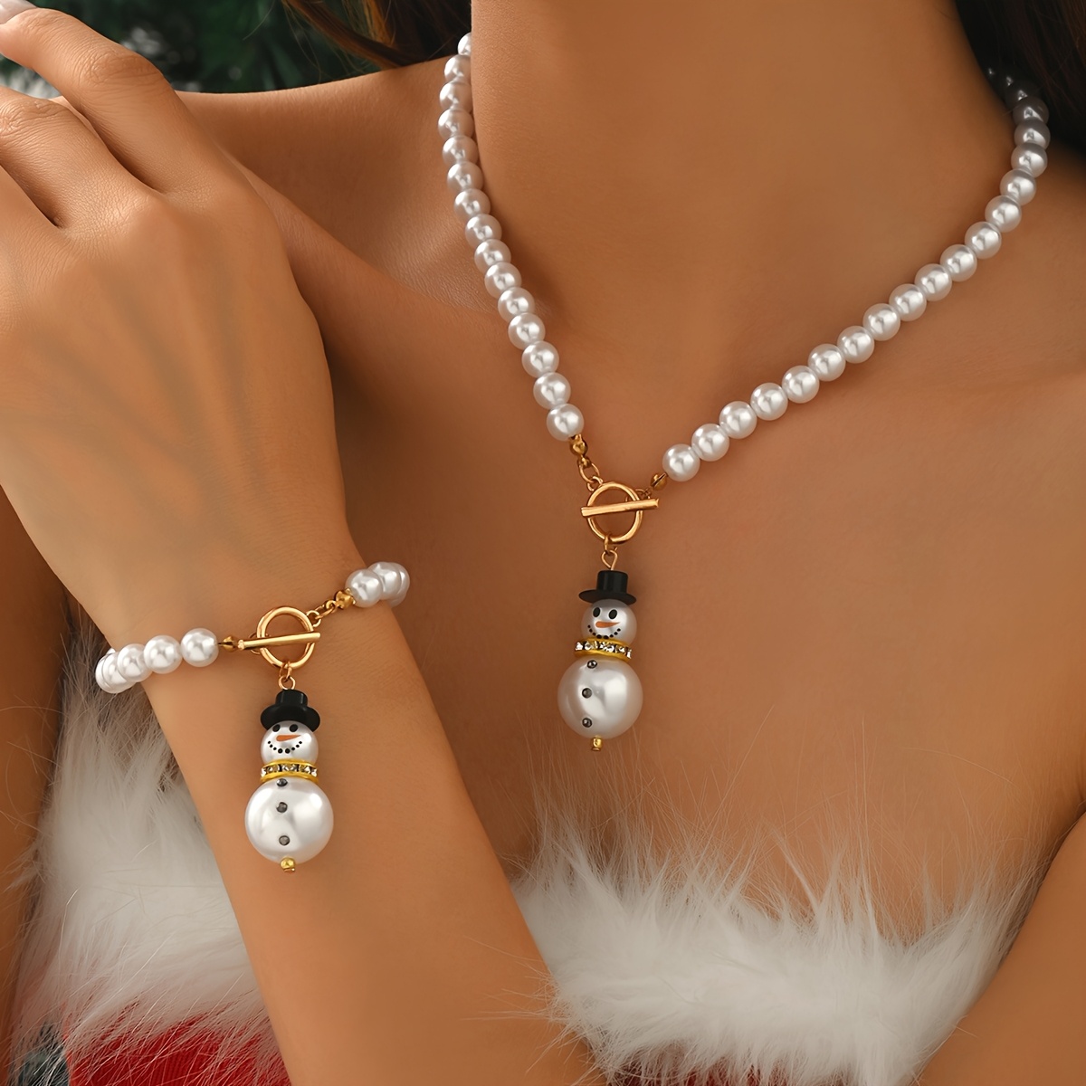 Image of 2pcs Fashionable Christmas Printed Snowman Beaded Set, Necklace And Bracelet, Exquisite And Elegant, Full Of Festive Spirit