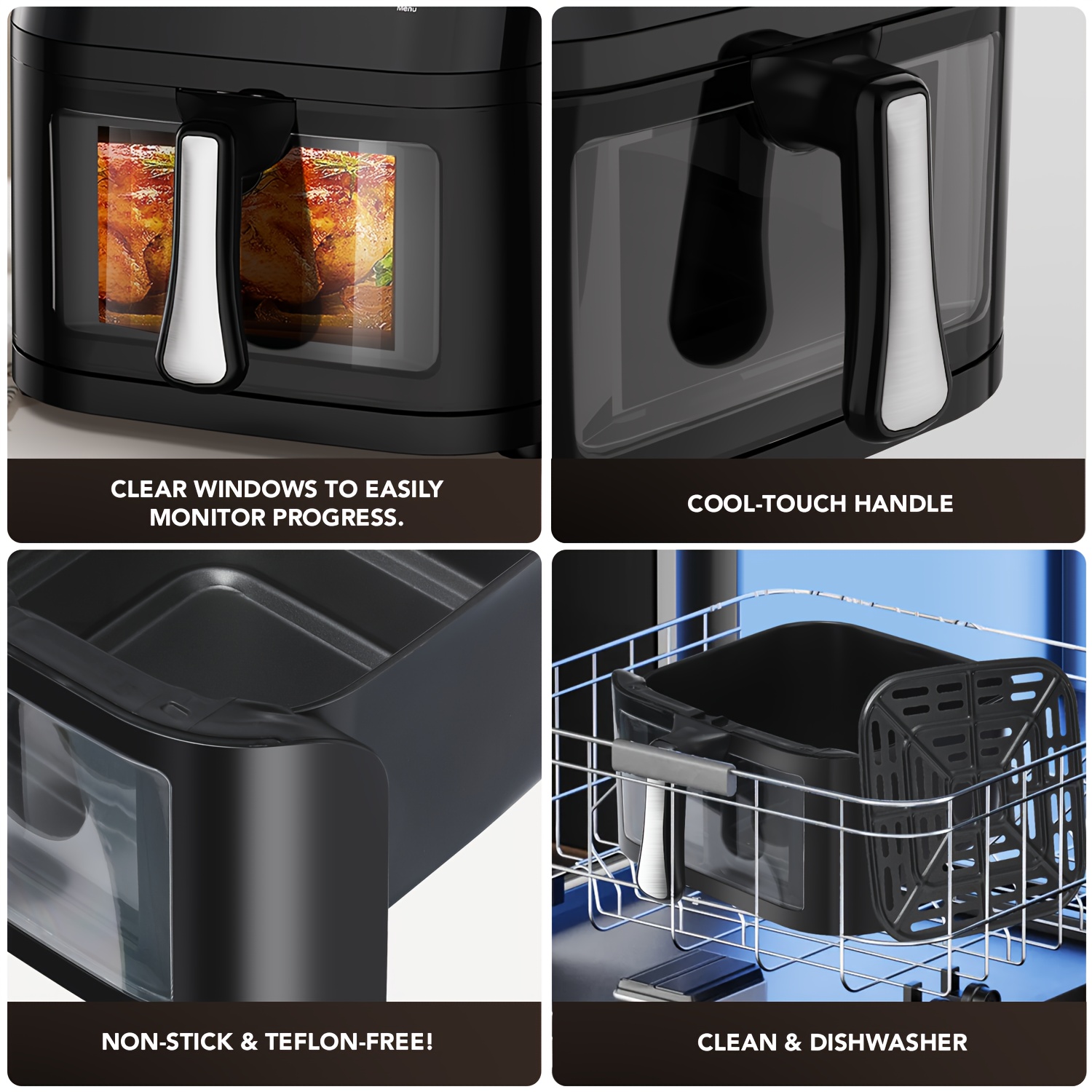 10.5L Airfryer met Transparant Venster, Gebruik Makend van Snelle Lucht Technologie, Vereist 90% Minder Olie, Energiezuinig, met 7 Vooraf ingestelde Functies, Anti-aanbaklaag, Vaatwasserbestendig, Digitaal Scherm, +1 Minute Optie, en 1800W Vermogen