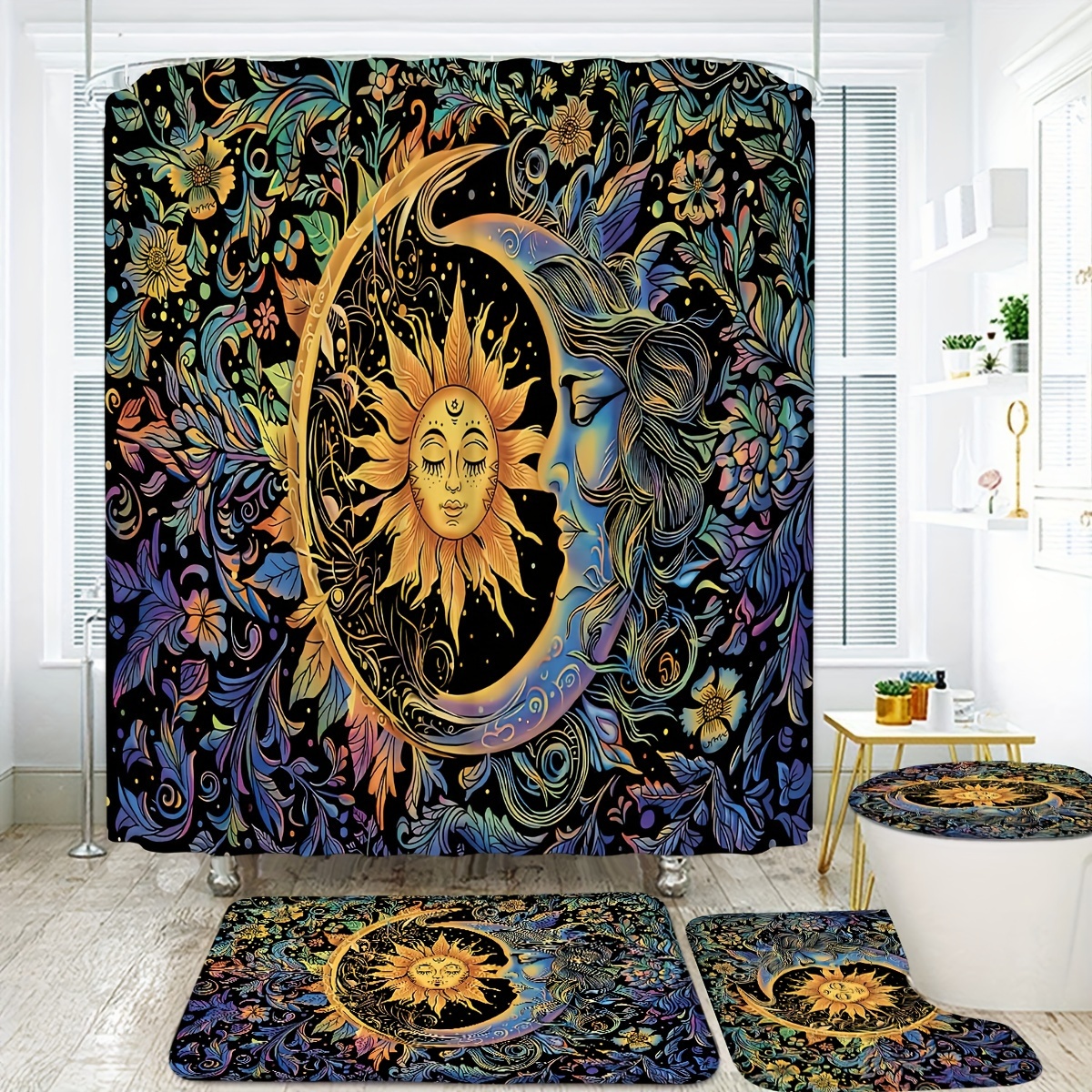 

Bohemian Sun And Moon Shower Curtain Set With 12 Free Hooks: 70.87in X 180cm, Artistic Garden Pattern, Waterproof Polyester, Bath Mat, Toilet Seat Cover, And U-shaped Mat - Modern Bathroom Decor