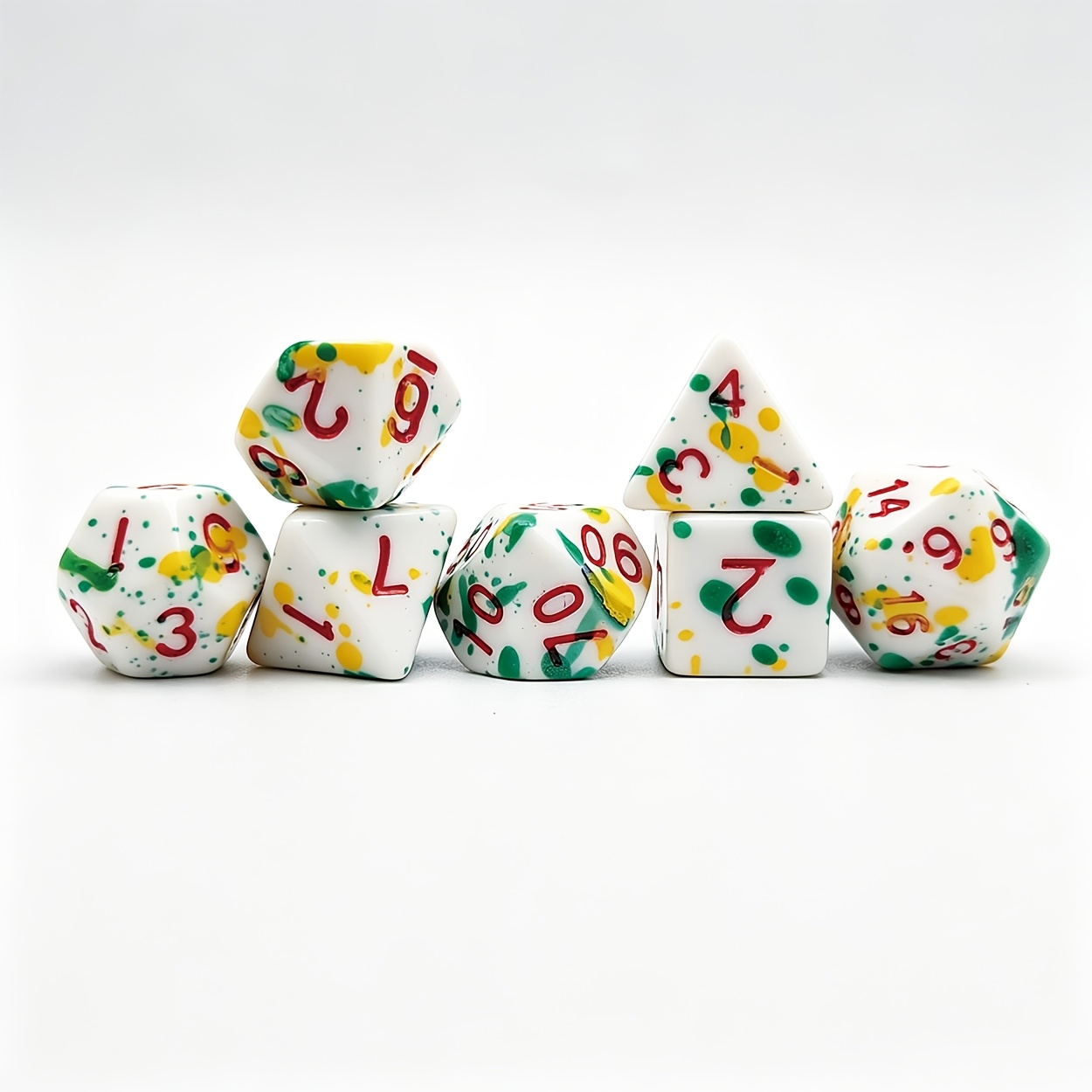 7pcs White Base Green Yellow Splash Paint Polyhedral Dice Set