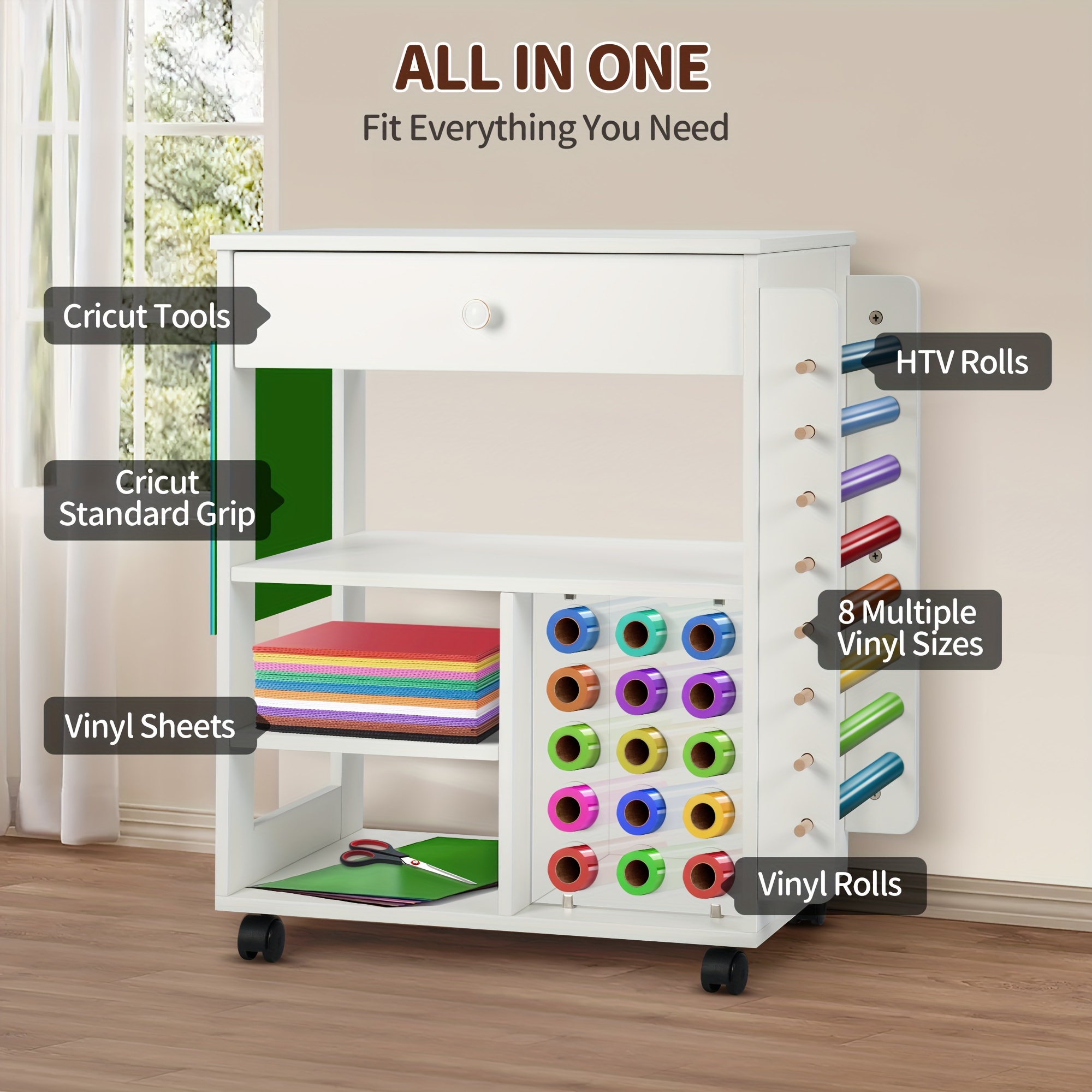 

Rengue Craft Storage Cart With Vinyl Roll Holder - Organizer Table On Wheels, Workstation Cabinet With Casters, And Accessory Drawer For Diy Art Supplies,