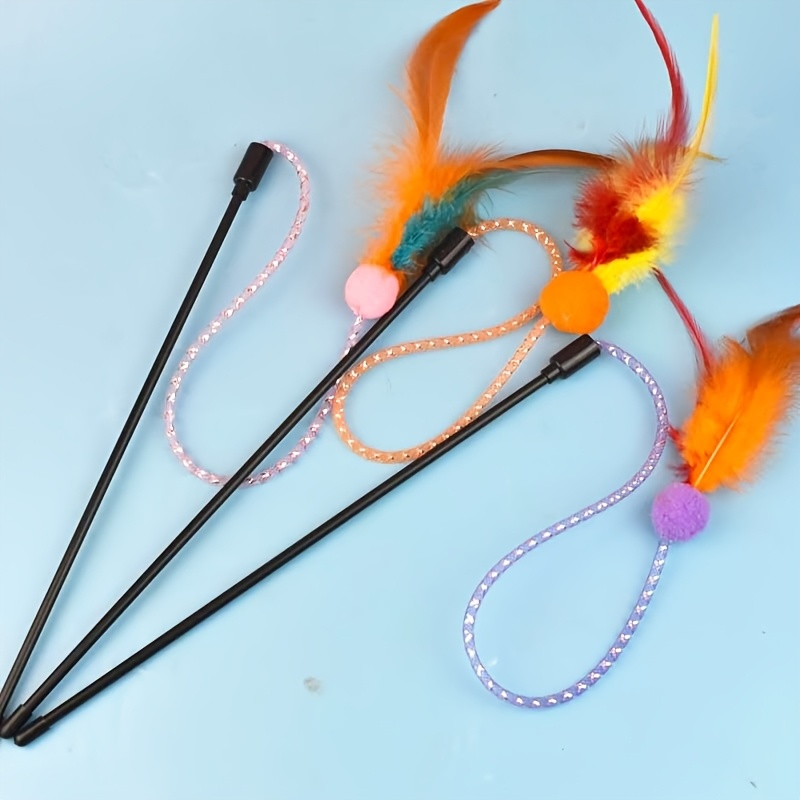 3pcs Colorful Feather Cat Teaser Stick, Soft Plush Ball And Glitter Ribbon Interactive Cat Wand Toy, Rod For Kitten Training And Playtime, Pet Entertainment Supplies, Without Battery