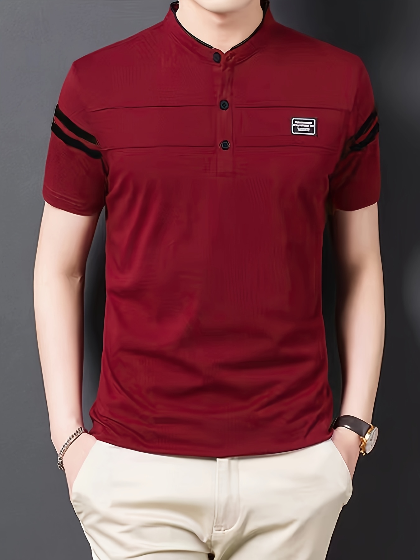 Summer Men's T-Shirt, Solid Color Stand Collar Striped Short Sleeve Shirt, Suitable for Sports, Outdoor, Casual