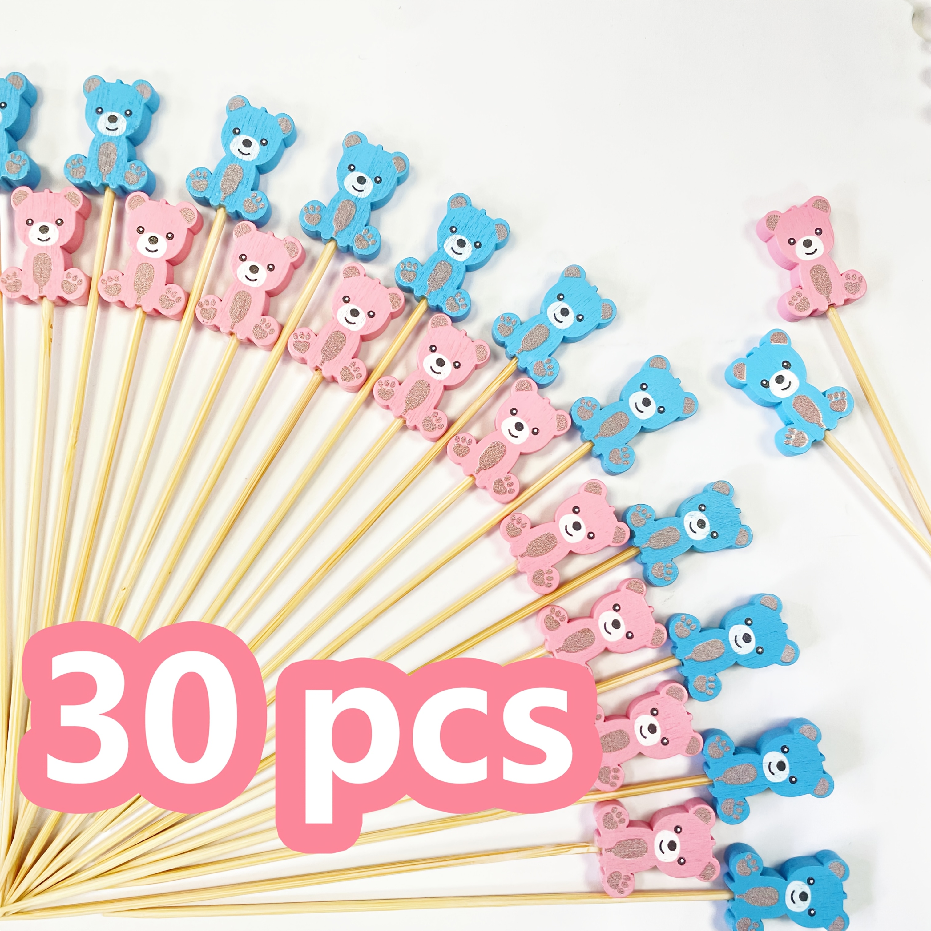 Image of 30pcs Cute Bear Cocktail Picks, Blue And Pink Bamboo Toothpicks For Appetizers Sticks Sandwich Charcuterie Skewers, Food Garnish Sticks For , Autumn Thanksgiving For Party Decor