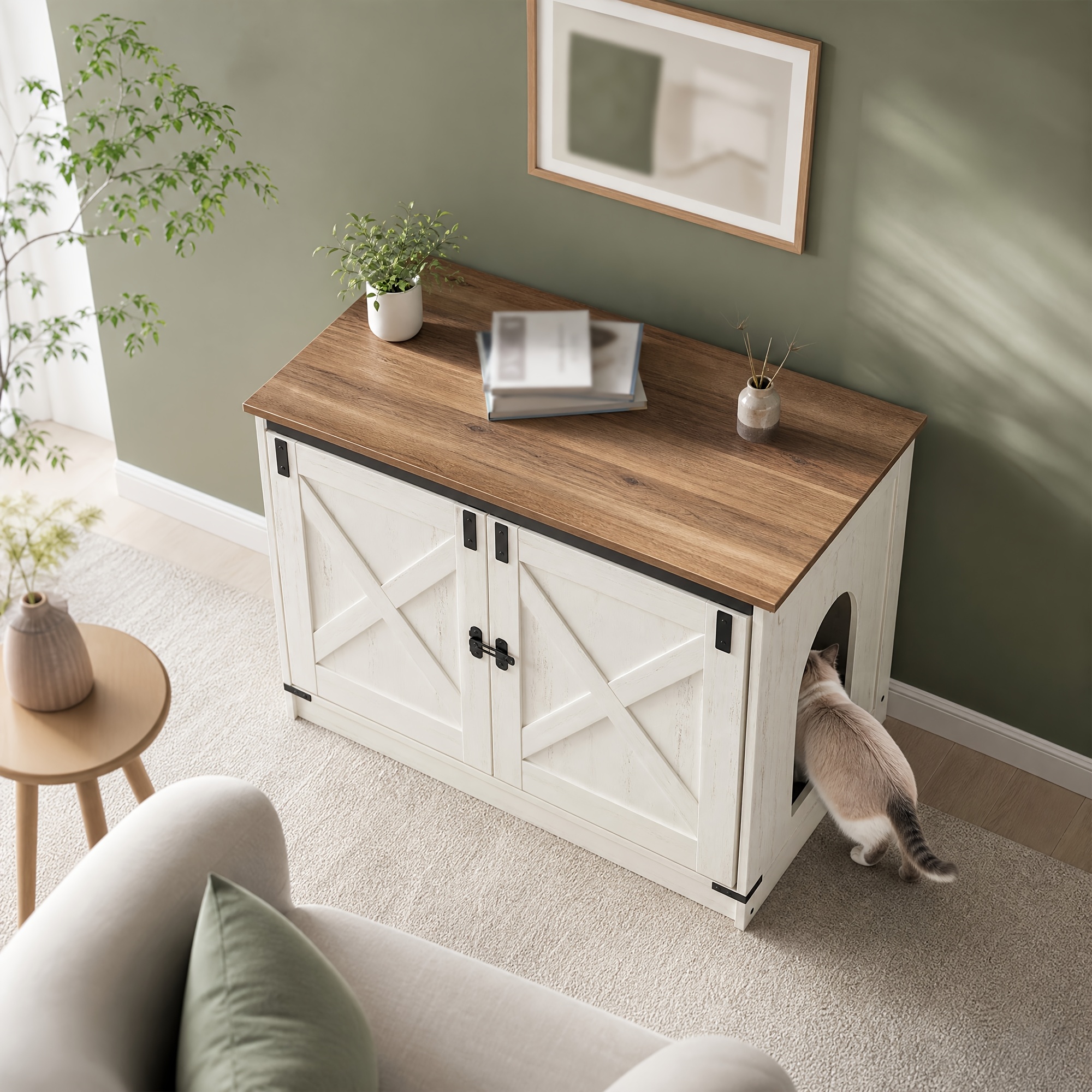 Image of Litter Box With 2 Side Entrances, 81cm Wide Litter Box, Dual-entry Cat Toilet, Concealed Cat Litter Box For Home Use, Multi-functional Furniture.