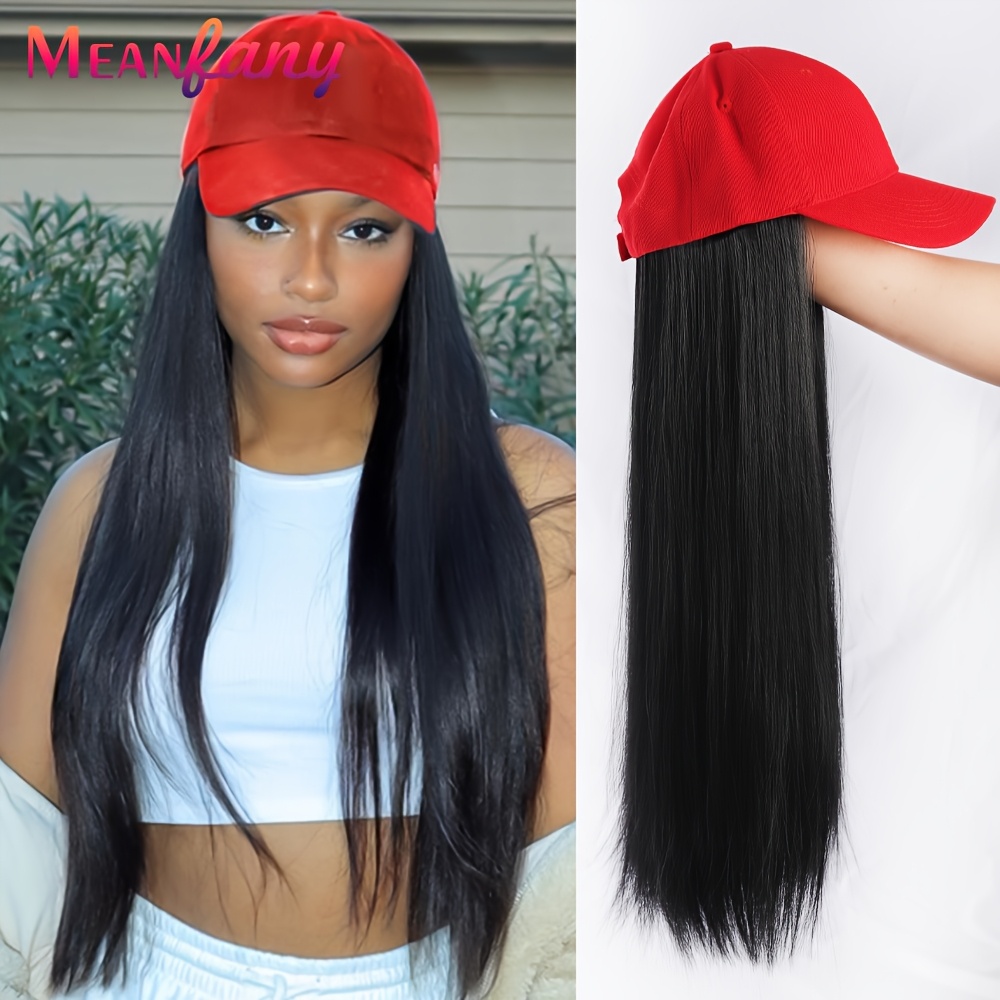 

Chic Red Baseball Cap With 22" Long Straight Synthetic Hair Extensions - For All Women, High-density & Heat Resistant, , Hat Wigs, Daily Use