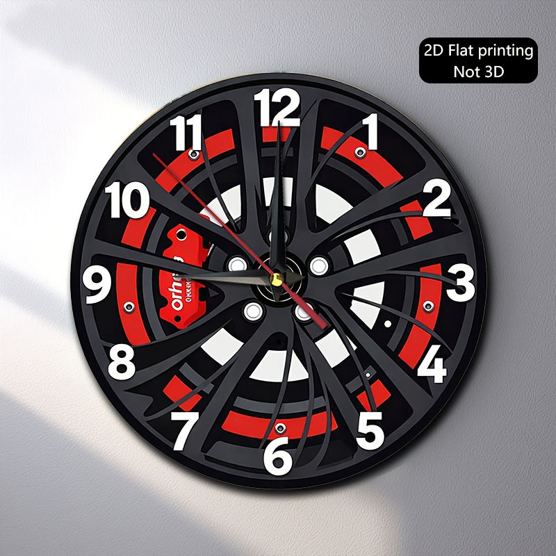 TEMU 1pc, Two-dimensional Flat Wall Clock Featuring A Car Wheel Rim Design With A Red Brake, Ideal For Decorating Living Rooms, Bedrooms, Garages,