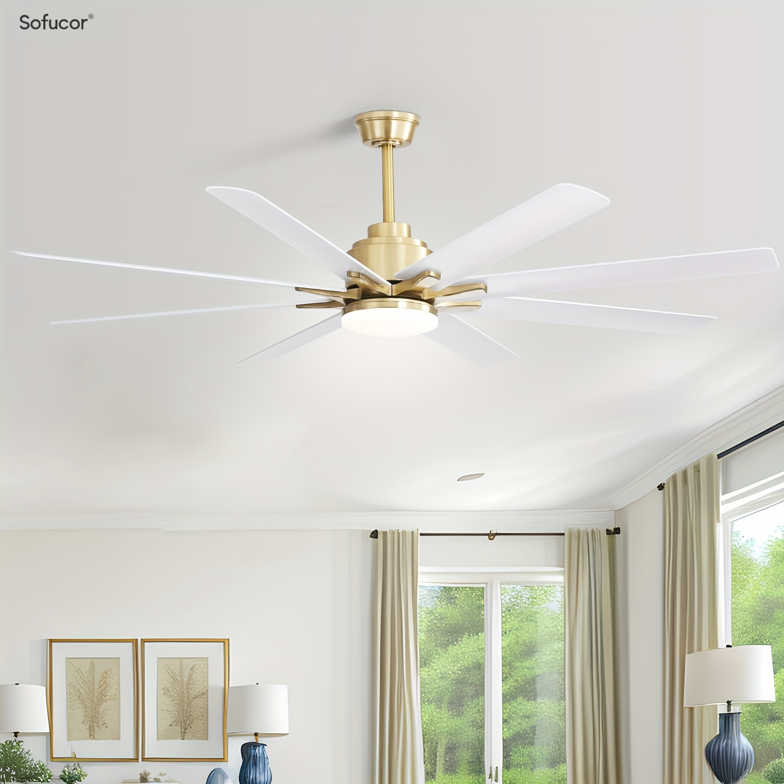 

Sofucor 66 Inch Ceiling Fans With Lights Remote Control Dimmable Fan With 6- Motor Reversible White Ceiling Fan For Home Office Patios (8 Aluminum&abs Blades)