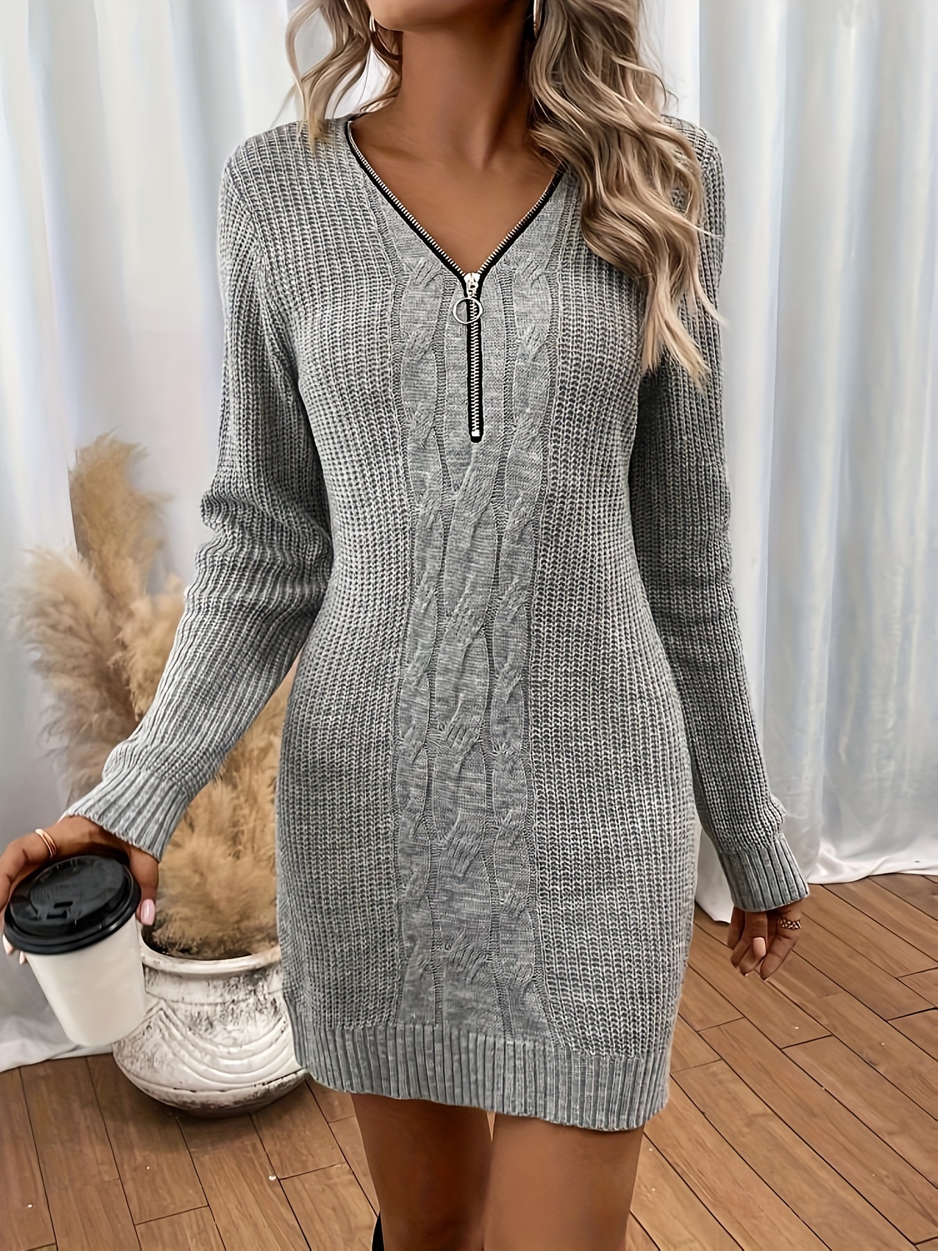 cable knitted zip sweater dress elegant long sleeve fit Temu