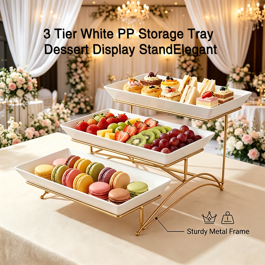 Image of Three-tiered Bay Cake Stand With -shaped Decorations On , Equipped With 3 Rectangular Pp Display Trays. Ideal For Showcasing Cakes, Pastries, Cupcakes, Fruits, And Snacks , Birthday Parties