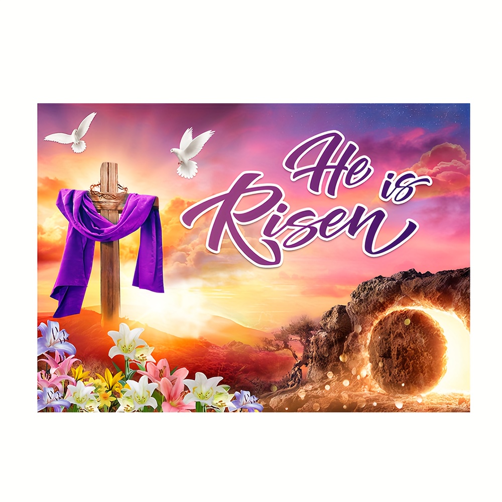 1pc he is risen backdrop easter backdrop extra large cross religious banner background for home easter party decorations supplies