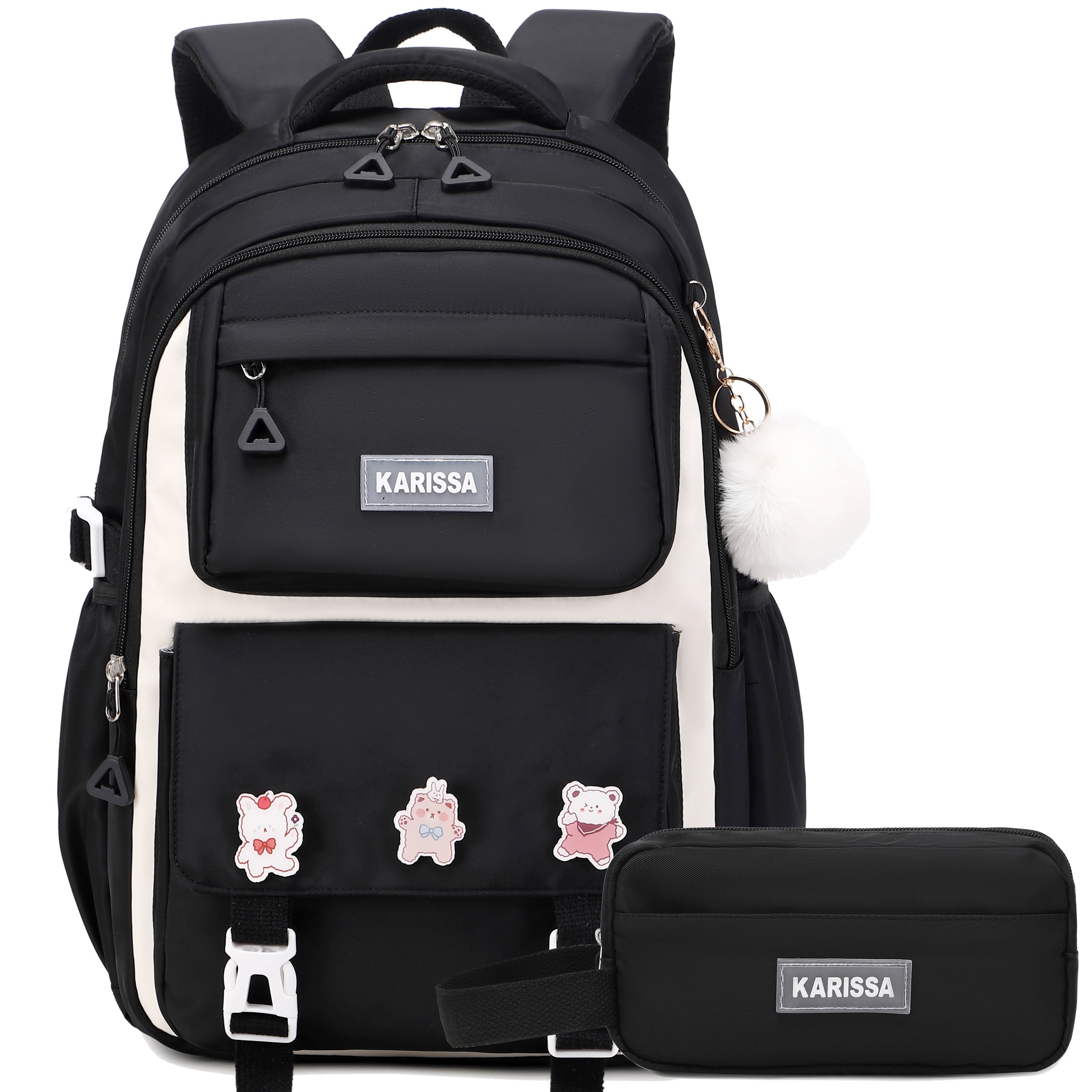 

Backpack For Girls Set With Pencil Case 15.6 Inch Laptop School Bag Cute Kids Elementary College Backpacks Large Bookbags For Women Teens Students Anti Theft Travel Daypack - Black