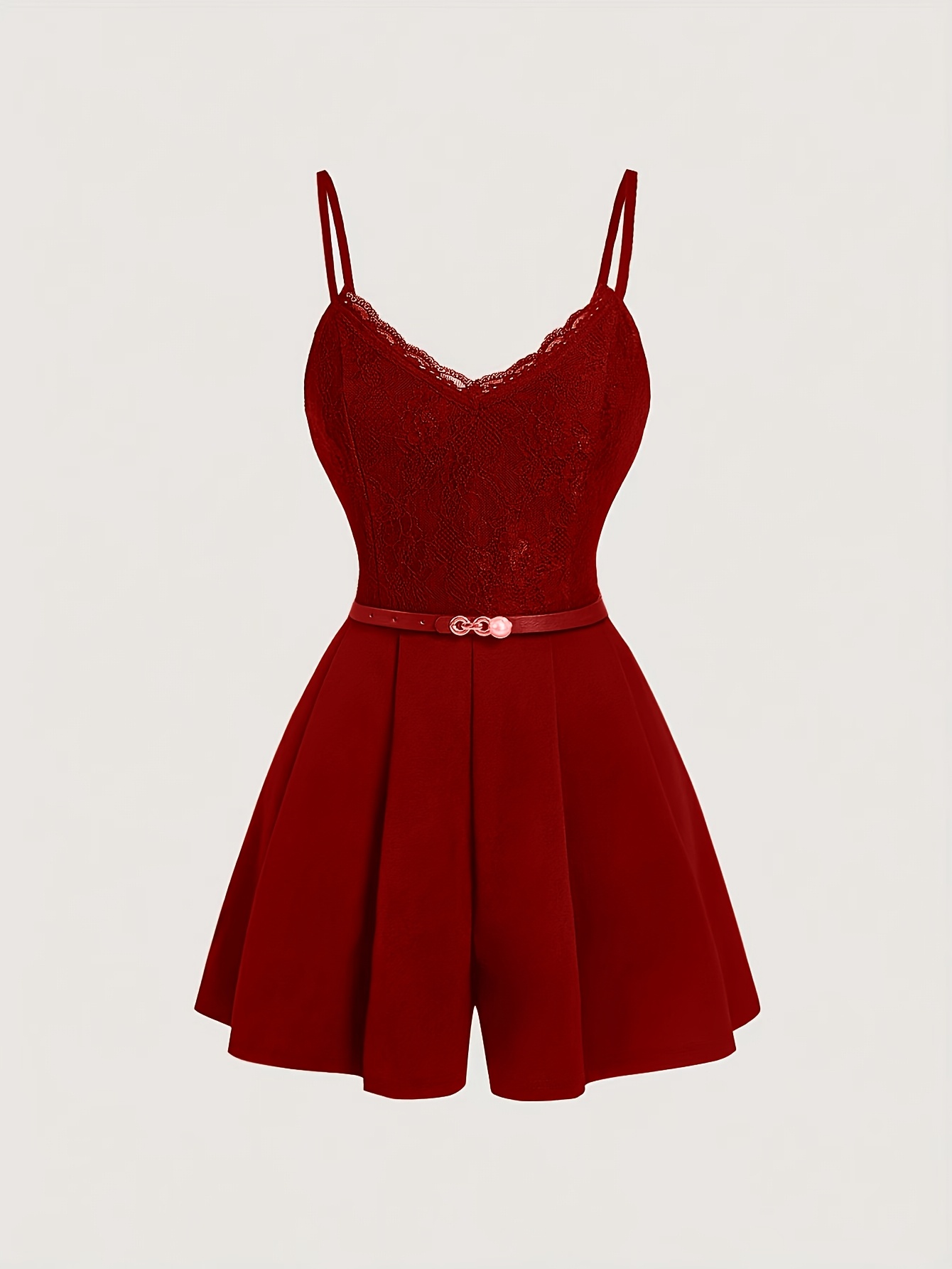 Women'S Elegant Red Jumpsuit with Lace Detail Sleeveless, Wide Leg,  V-Neck Fashion, Beltless, Solid Color, Adult Size, Elegant Attire|*