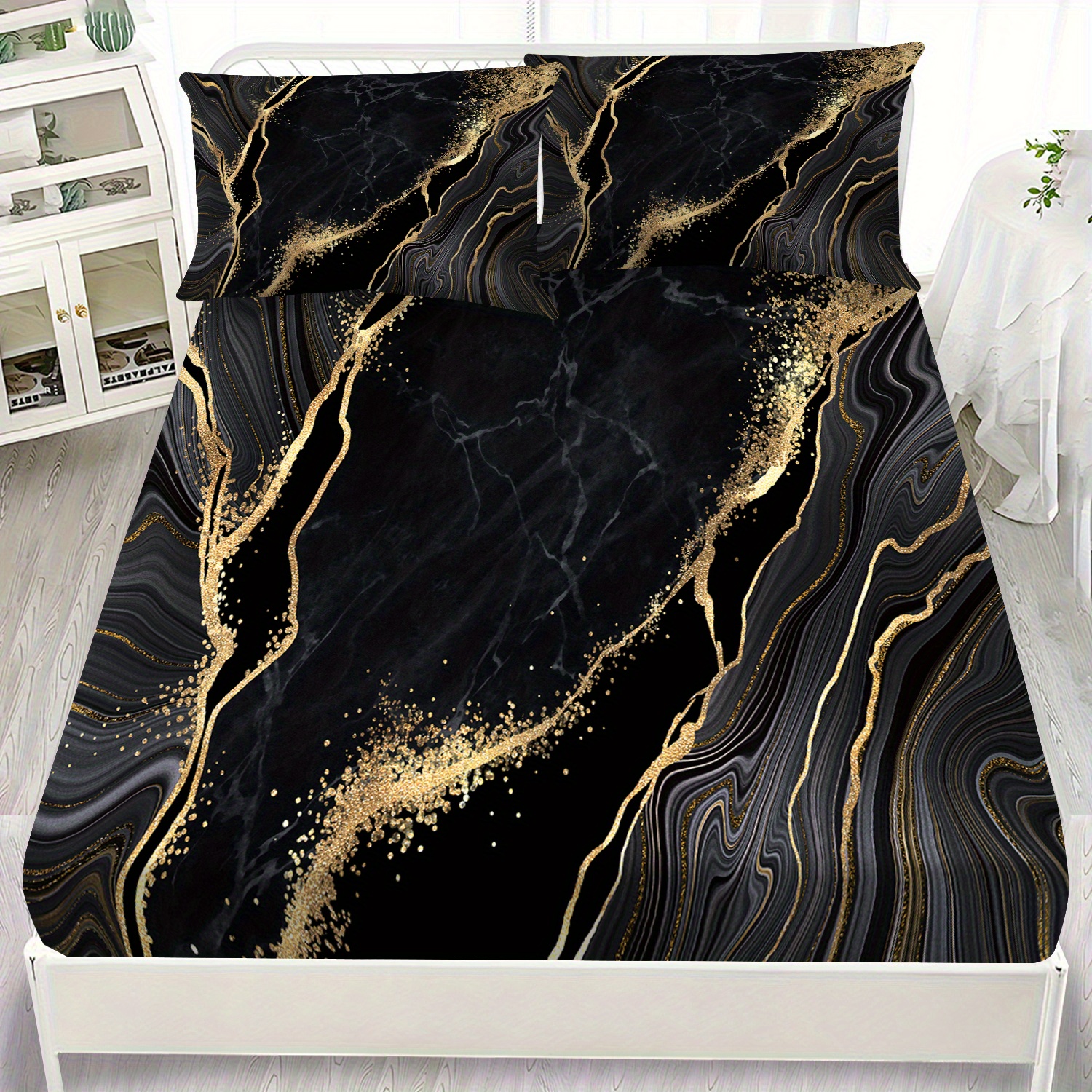 TEMU ()3pcs Fitted Bed Sheet Set(1 Fitted Bed Sheet +2 Pillowcases) Black Dye Gradient Print Bed Sheet Set Bedding Set Soft Comfortable Duvet Cover