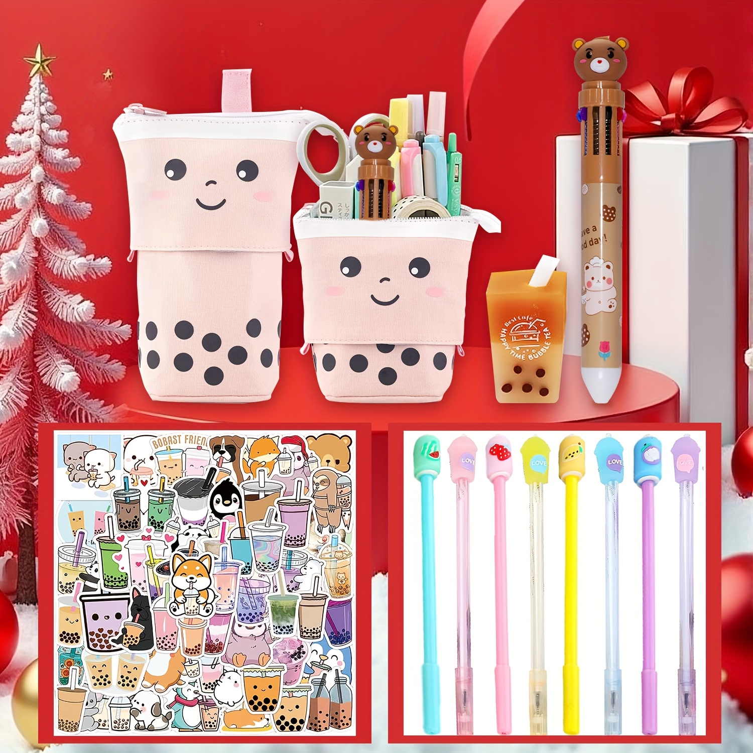 

Standing Pencil Case, Cute Telescopic Pen Bag Holder, Kawaii Stationery Pouch, Pop-up Organizer With 8 Pens And 50 Tea Stickers, Multi-colored Pens For School And Office Supplies