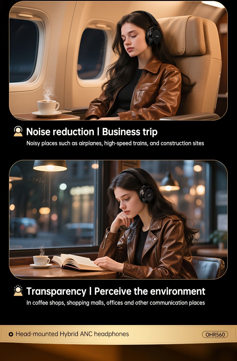 Casque sans fil Acer Ohr560 | Circum-aural avec suppression du bruit ANC, conception d'oreille à couverture complète, pliable, microphone à condensateur intégré, son stéréo Hi-Fi, réduction du bruit des appels HD ENC, compatible avec câble audio 3,5 mm, chargement USB