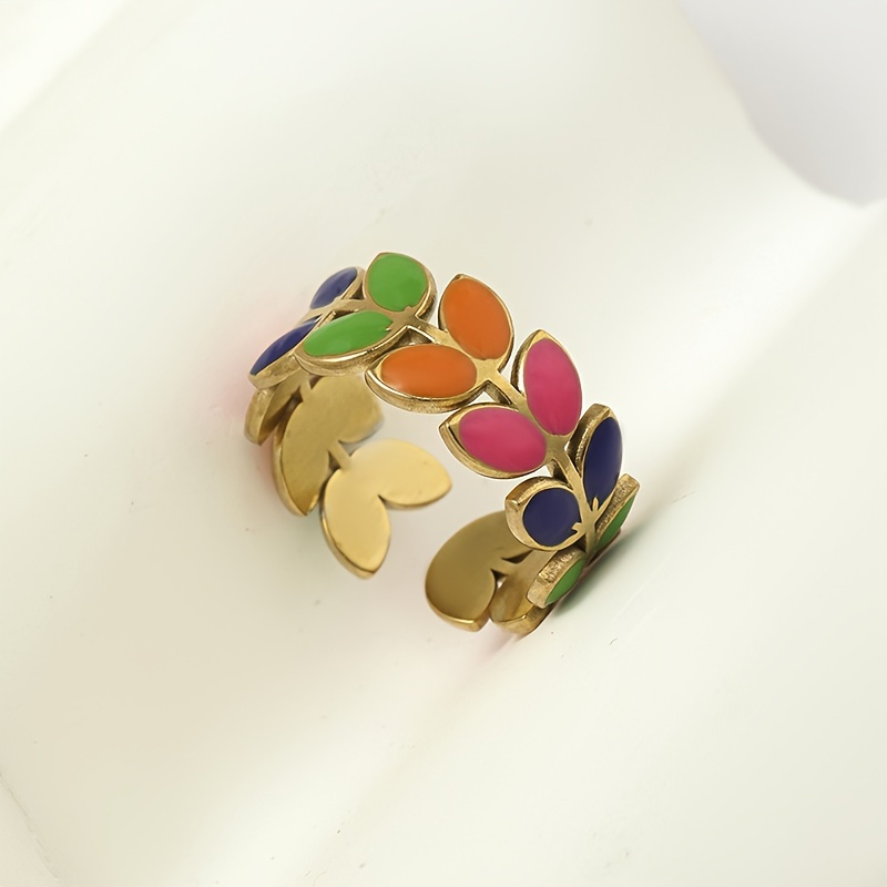 Women's Adjustable Open Leaf Ring, 14K Plated Stainless Steel