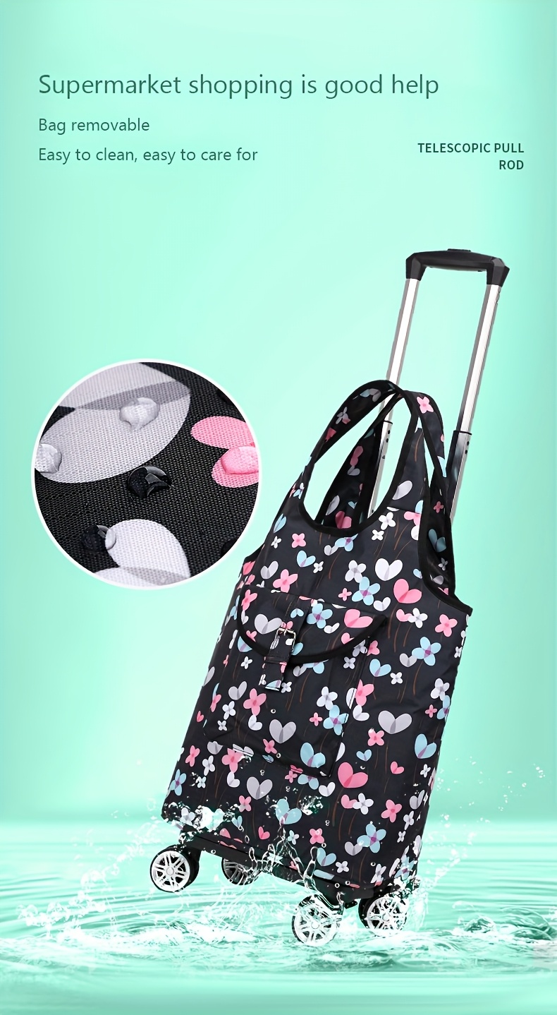 1pc Elegant Heart & Floral Pattern Foldable Shopping Cart with Telescopic Aluminum Handle – Portable 4-Wheel Rolling Grocery & Camping Cart, Black with Blue & Pink Hearts, Hand Wash Only, Travel Storage Cart | Elegant Pattern Design | Durable Fabric Cart