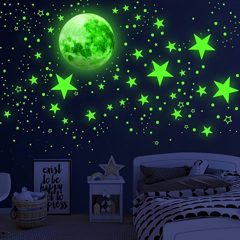 

1120 Pieces Of -the-dark Stars And Moon Night Light Stickers, Bedroom And Living Room Decor (green And Blue)