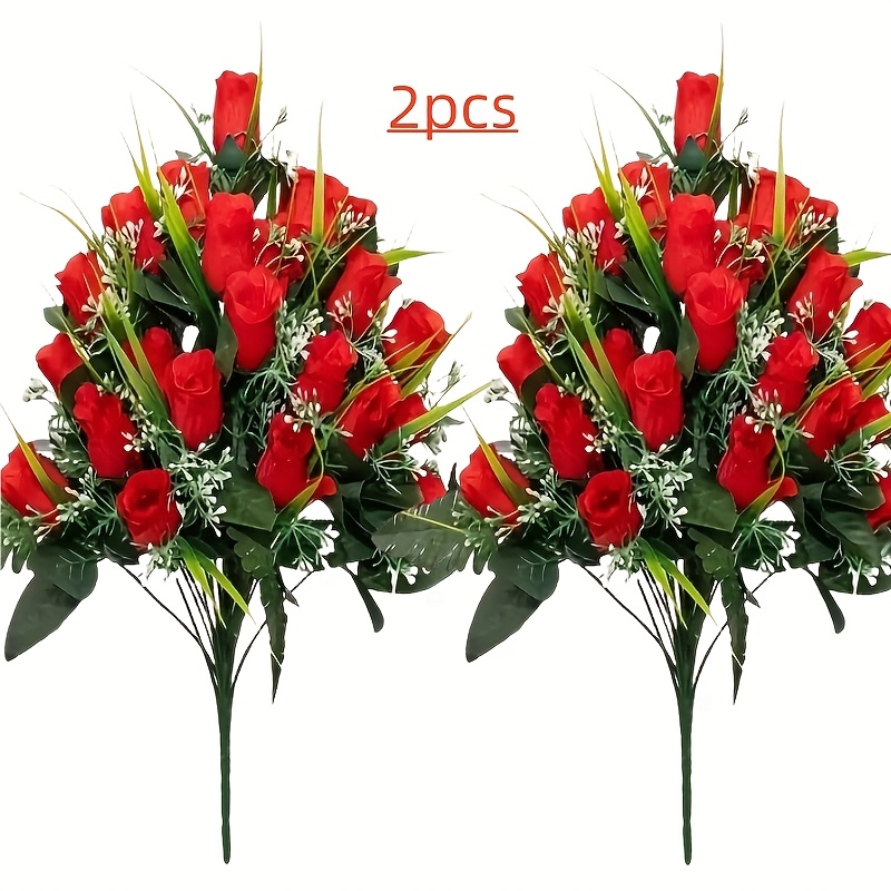 Gravesite Fiori artificiali 2 mazzi di fiori cimitero 18 teste cimitero seta rose finte composizioni decorazioni Memorial Day estate rosa rossa personalizzabile decorazione tomba