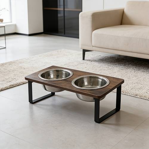 item picture 2 bowl elevated pet feeding bowl food and water non slip base rust proof stainless steel suitable for daily feeding double layered pet bowl holder for lovers durable wooden stand