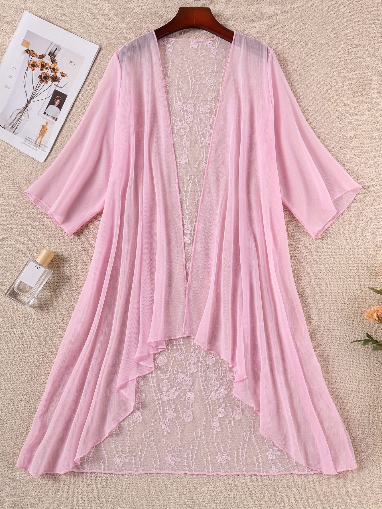 Elegant Plus Size Chiffon Kimono Cardigan with Lace Detailing Sheer Half  Sleeve Beach Cover-Up, Machine Washable