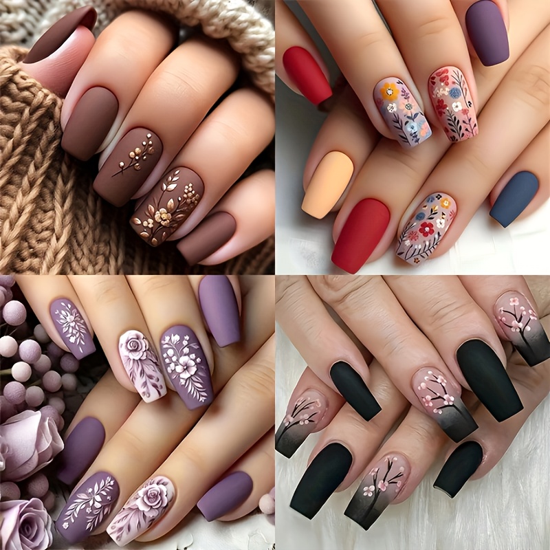 TEMU 96pcs Of , Leaves, Branches, Patterns, Purple, Brown, Black, Red, Gradient Nails, Suitable For , Elegant And Sophisticated, Classic Nail Art