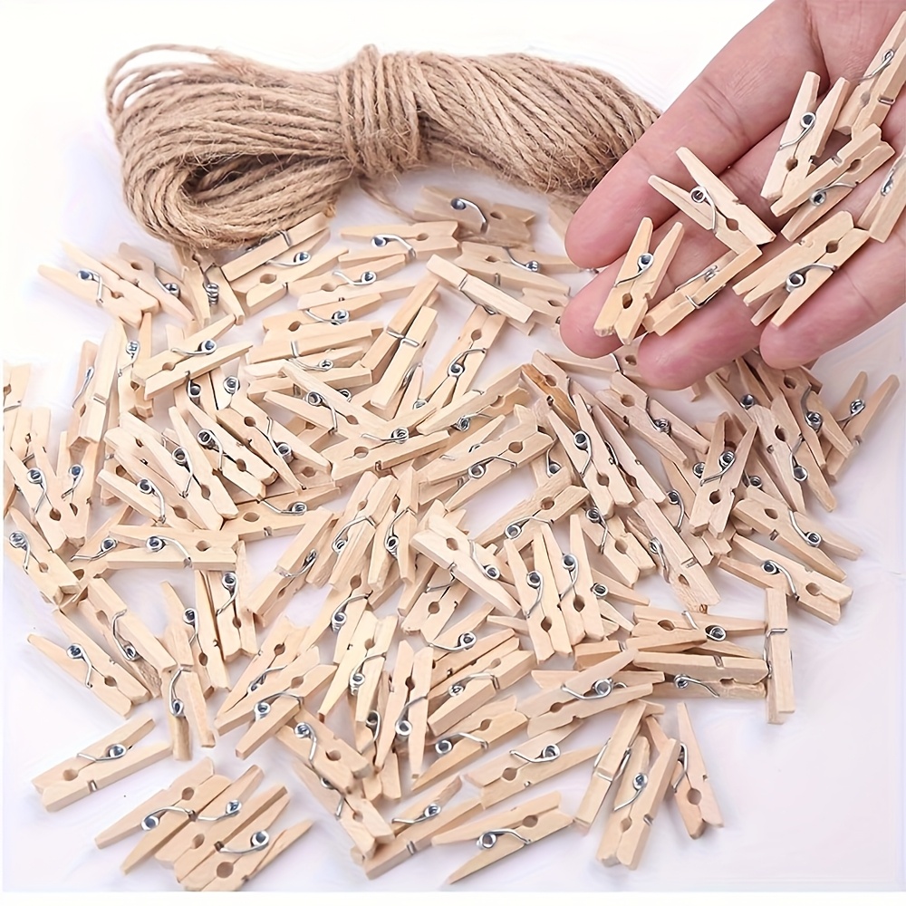 Image of 200pcs 1-inch Wooden Mini Clothespins With 33ft , Durable Hardwood, Strong Spring, For Photos, Crafts, Arts, Cocktails, Home Decor