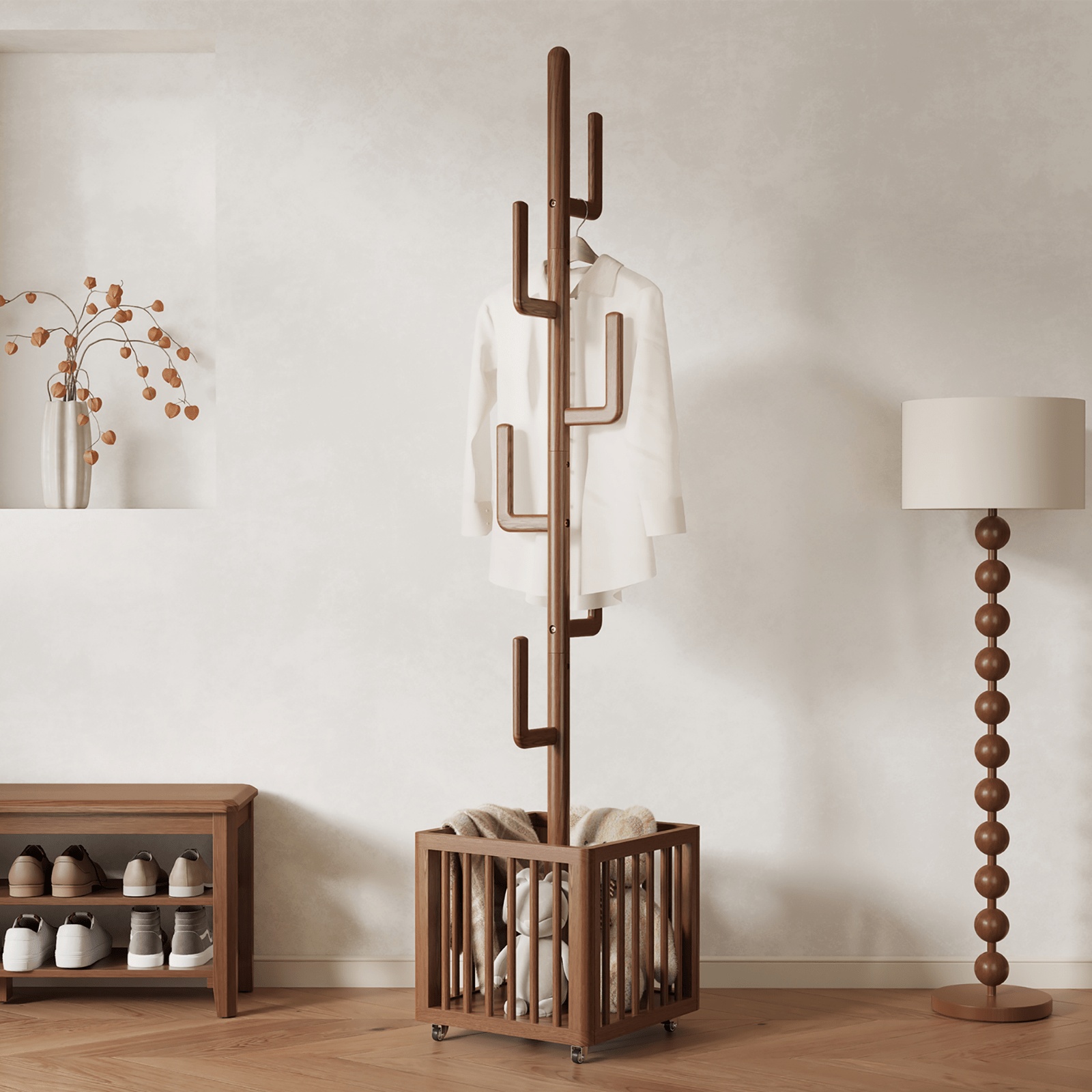 Solid Wood Coat Rack Stand Hanging Clothes Rack with Storage Basket Storage Function Home Decor Free Shipping